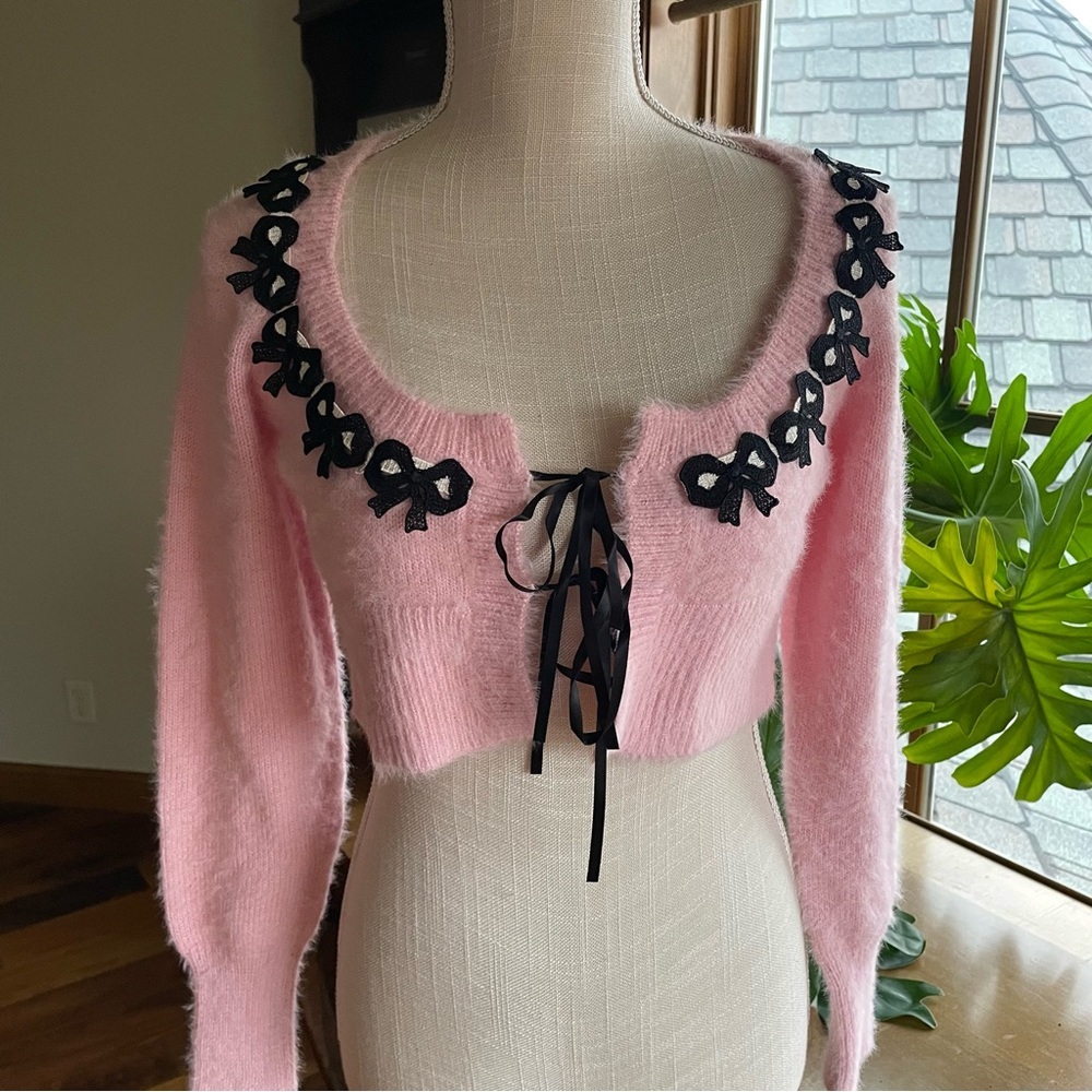 For Love & Lemons Josie Soft Fluffy Pink Bow Cardigan Sweater size small NWT - Picture 3 of 14